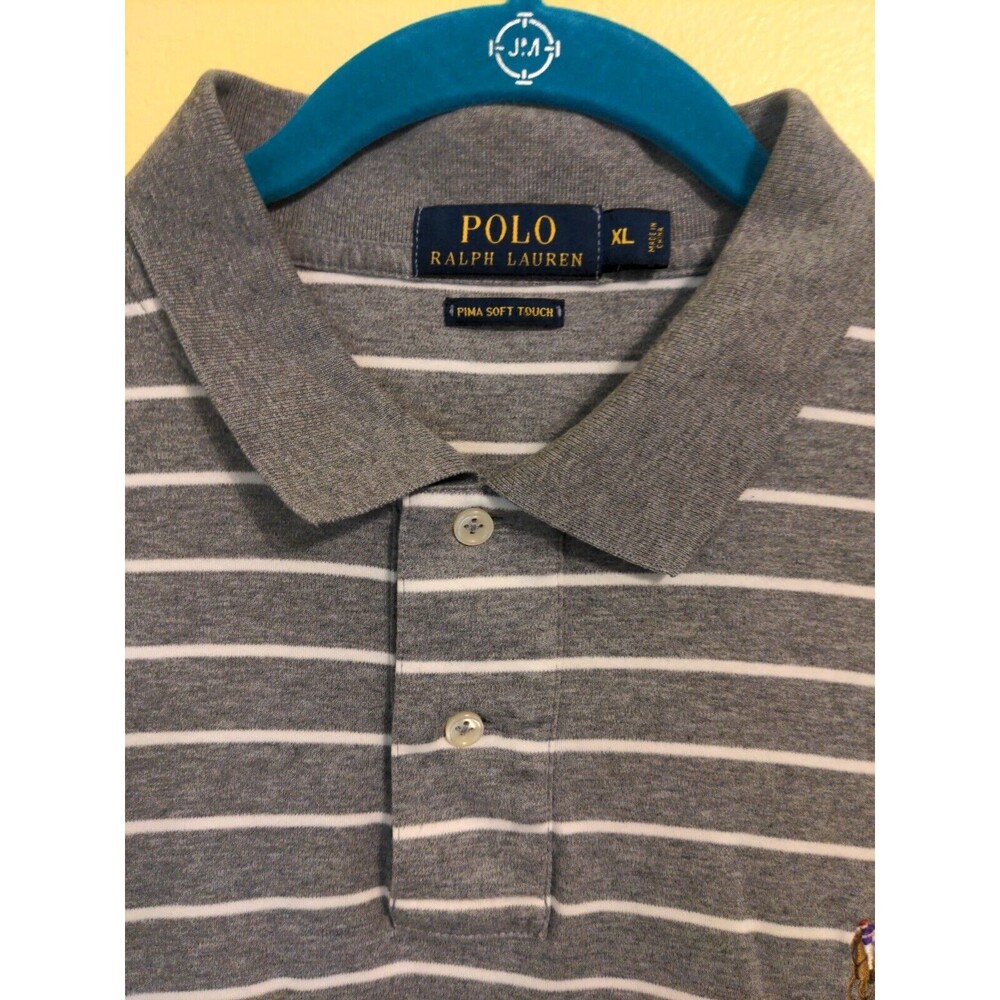 Polo Ralph Lauren Men's Golf Shirt Sz XL Gray White Stripe Pima Soft Cotton Nice - Picture 5 of 8